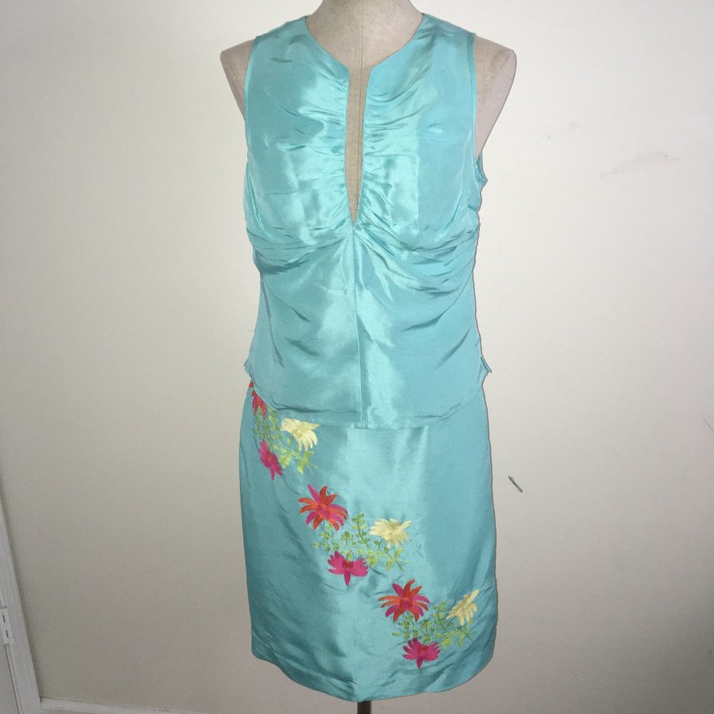 Tibi Aqua Floral Embroidered 2-Piece Top & Skirt 8